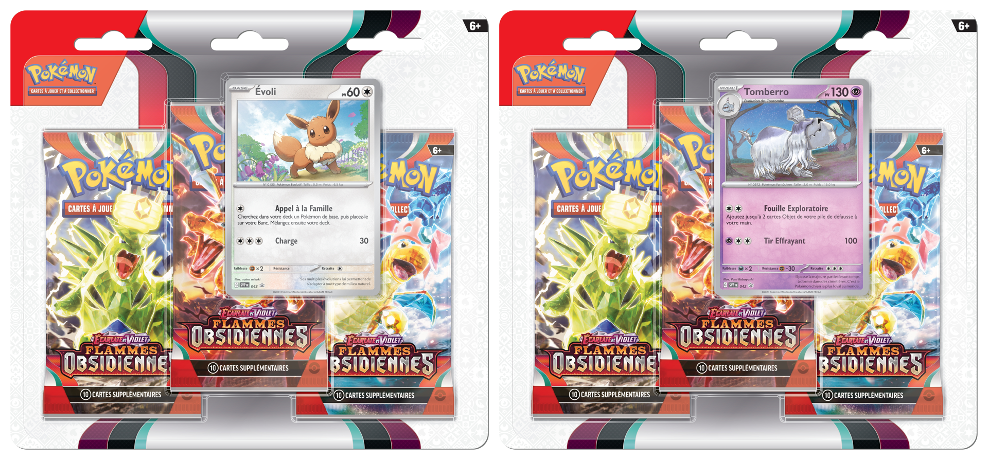 Pokémon JCC - Écarlate et Violet - Pack Blister de 3 Boosters Flammes Obsidiennes Évoli et Tomberro (1 Booster aléatoire) - flash vidéo