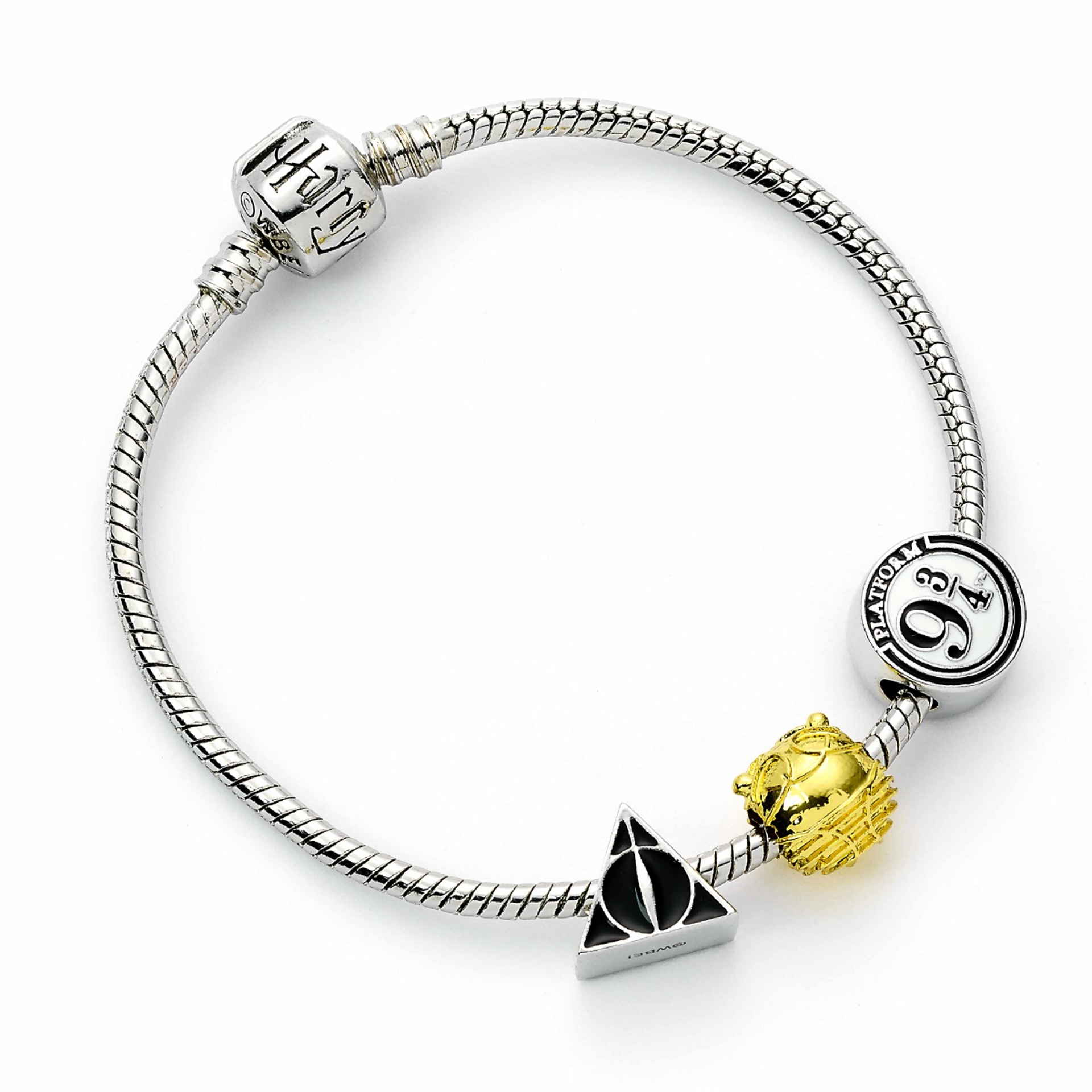 Harry Potter - Bracelet à breloques Charms argenté avec les reliques de la mort, Vif d'or et Voie 9 3/4 - 17cm - flash vidéo
