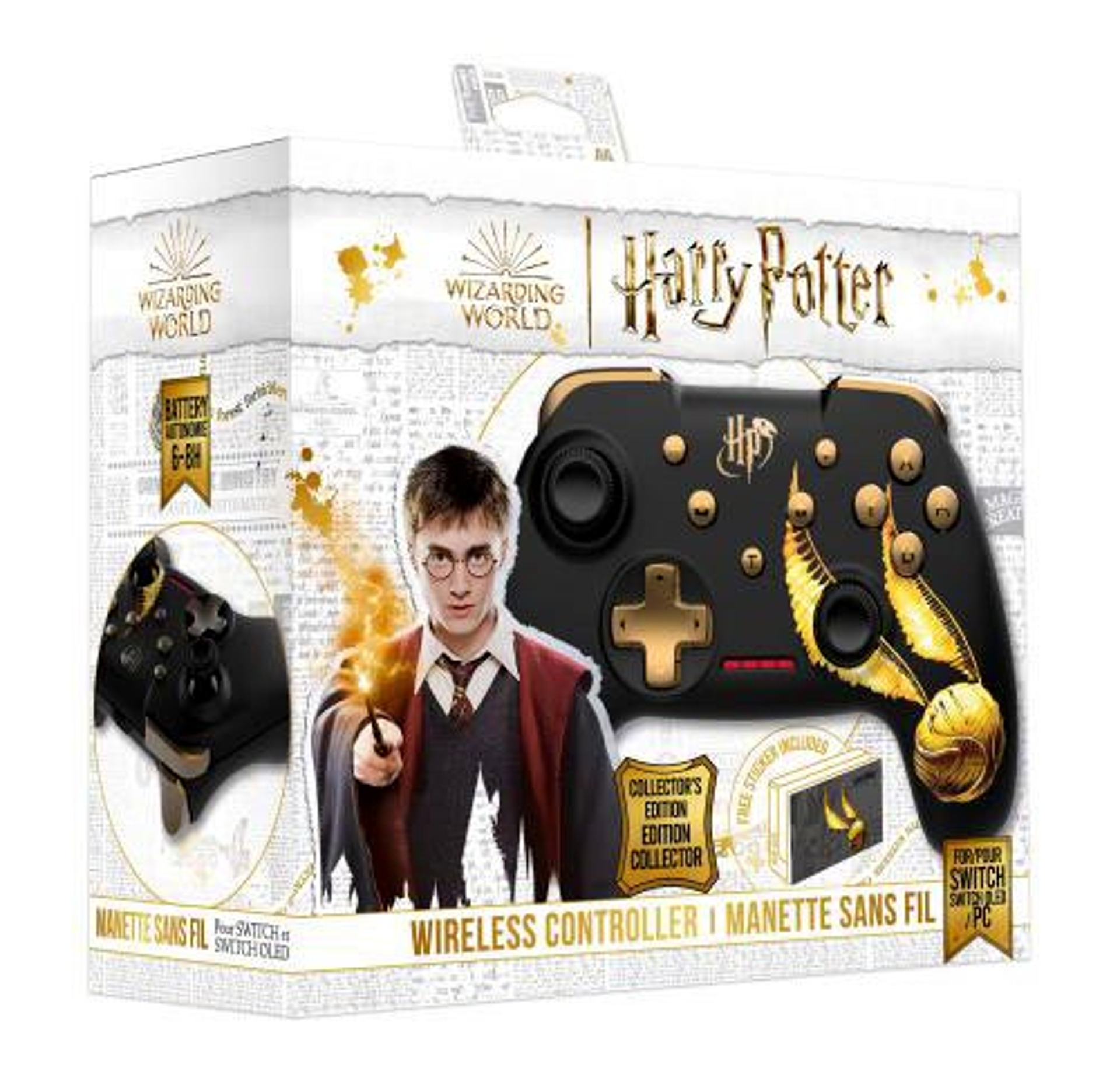 Harry Potter - Manette Sans Fil pour Nintendo Switch - Modèle Vif d'Or - Noire - Câble 1M - flash vidéo