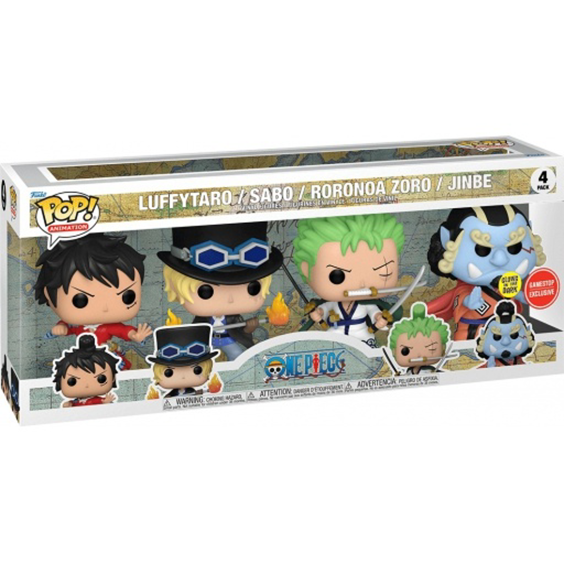 Funko Pop! 4-Pack: Animation: One Piece - Luffytaro / Sabo / Roronoa Zoro / Jinbe (Glows in the Dark) (Gamestop Exclusive) - flash vidéo