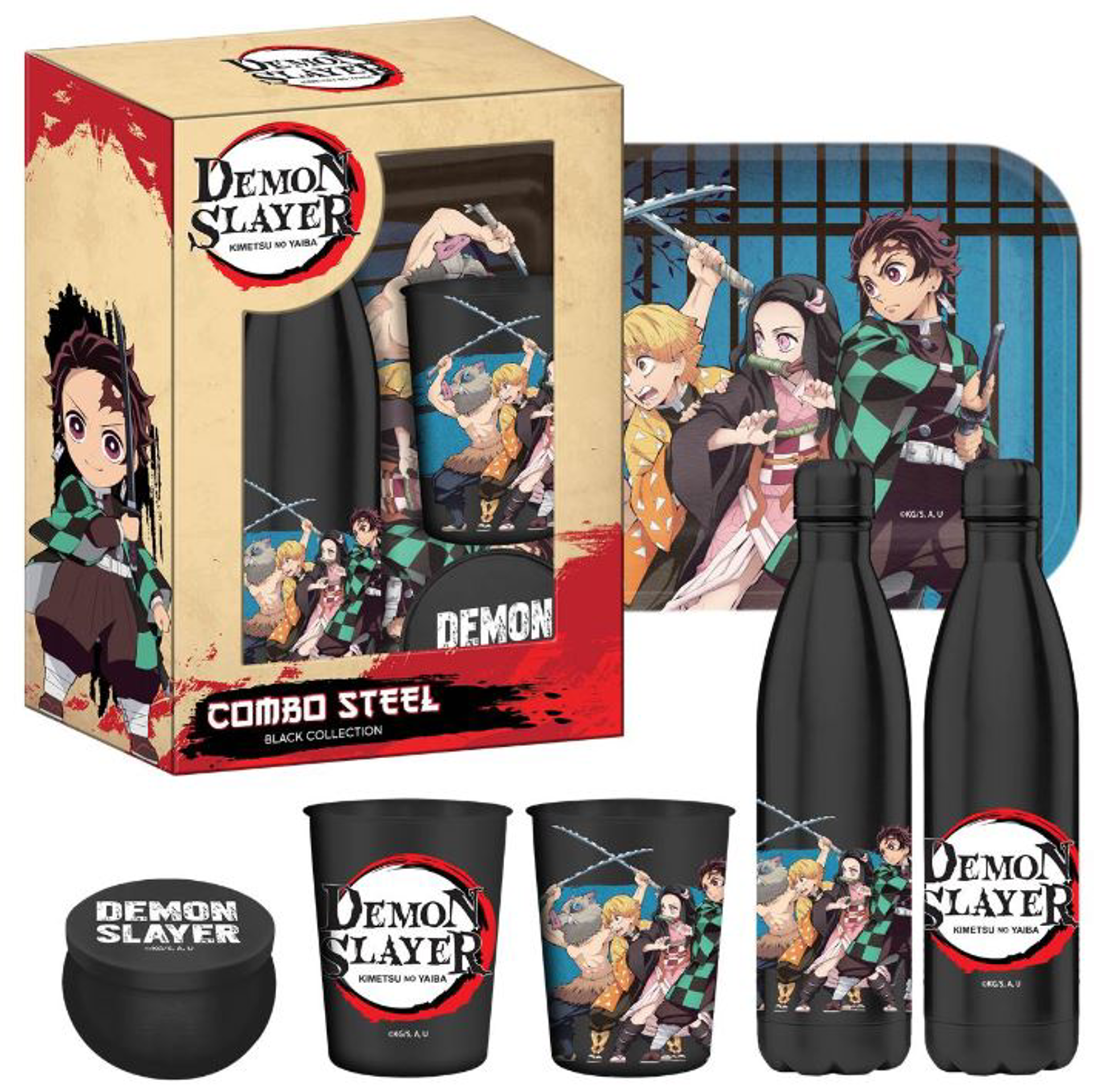 Demon Slayer: Kimetsu no Yaiba - Coffret cadeau (Tanjiro Kamado) : bouteille d'eau en métal isotherme 500ml, verre et dessous de verre - flash vidéo