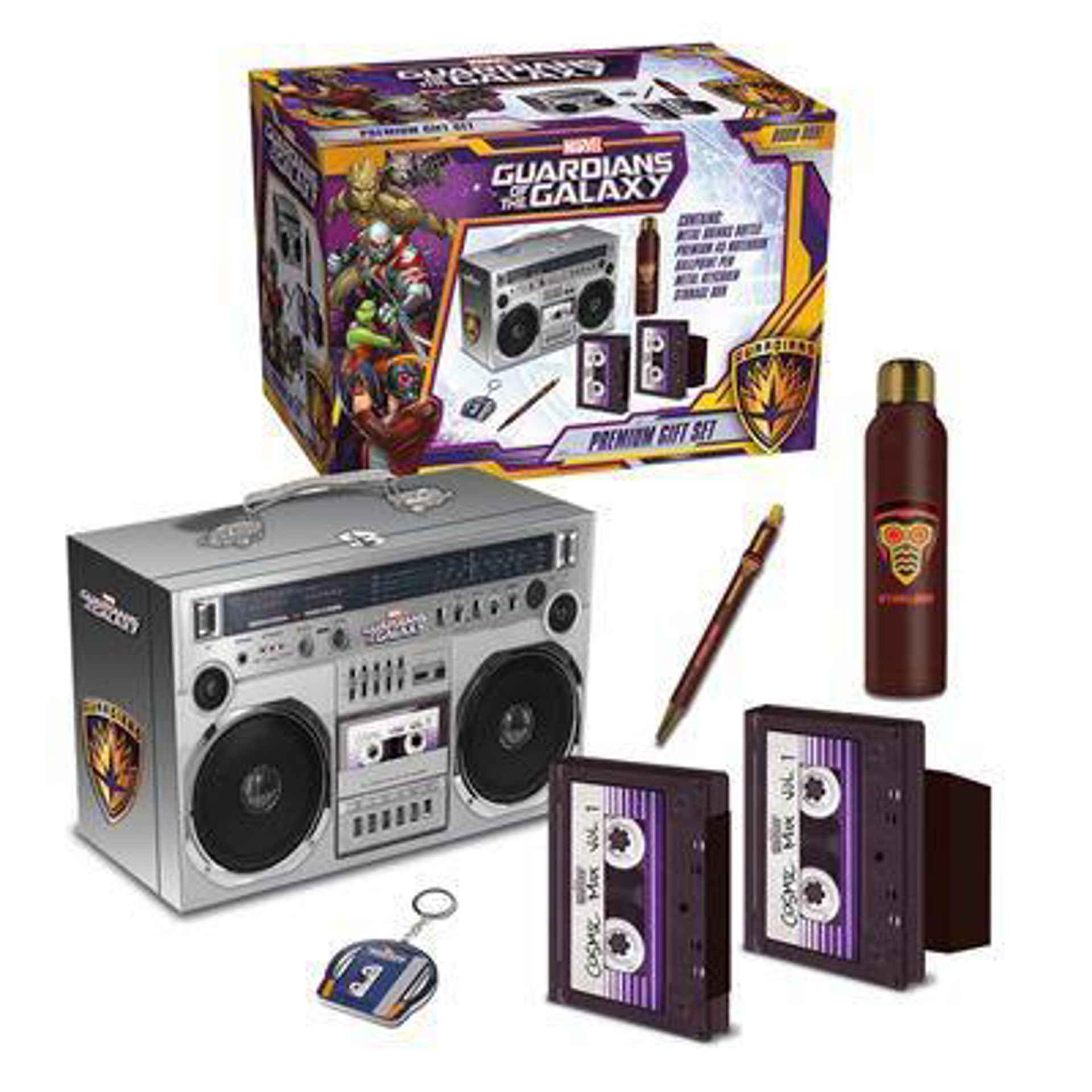 Les Gardiens de la Galaxie - Coffret cadeau (Starlords Boom Box) : stylo à bille, bouteille en métal, cahier et porte-clés - flash vidéo