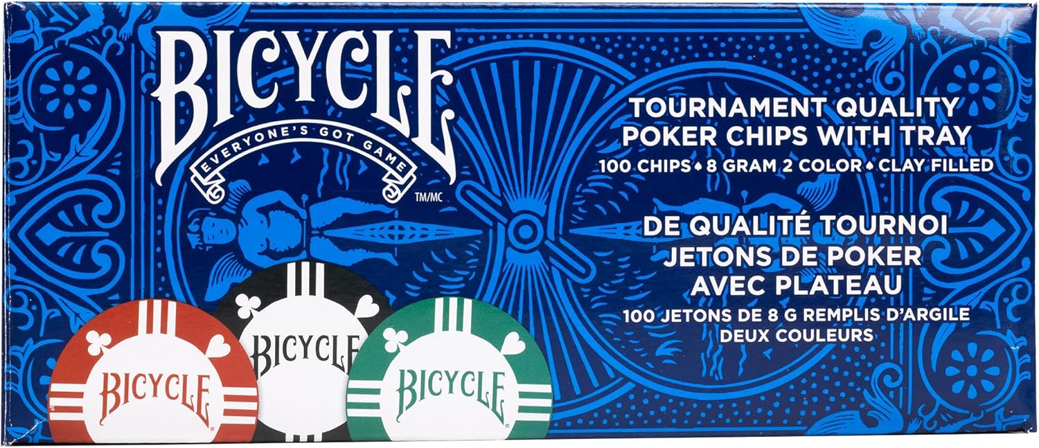 Bicycle - Jetons de poker de qualité tournoi avec plateau - 100 jetons de 8gr - flash vidéo