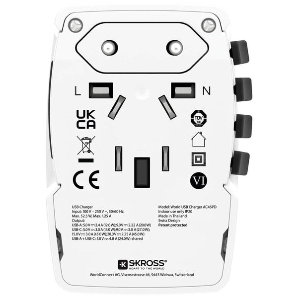 Skross - Adaptateur de voyage MUV PRO 3 pôles + 1 USB charge rapide + 1 Type C 2250 mA Blanc - flash vidéo