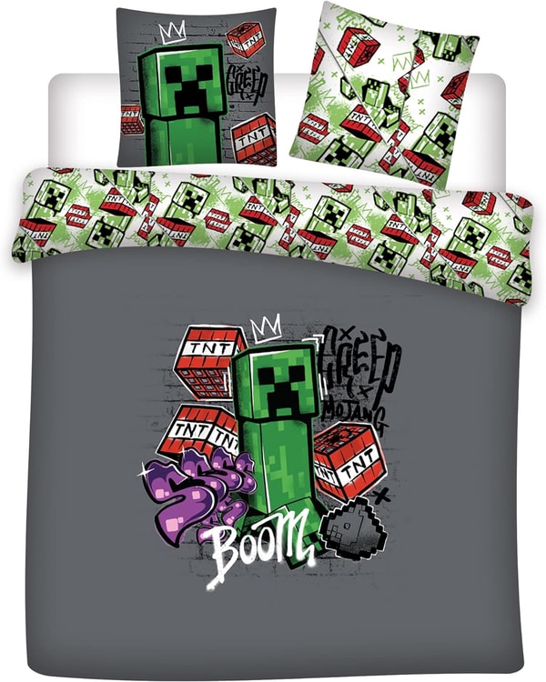Minecraft - Housse de couette en microfibre Boom ! (240x220cm + 2x 63x63cm) - flash vidéo