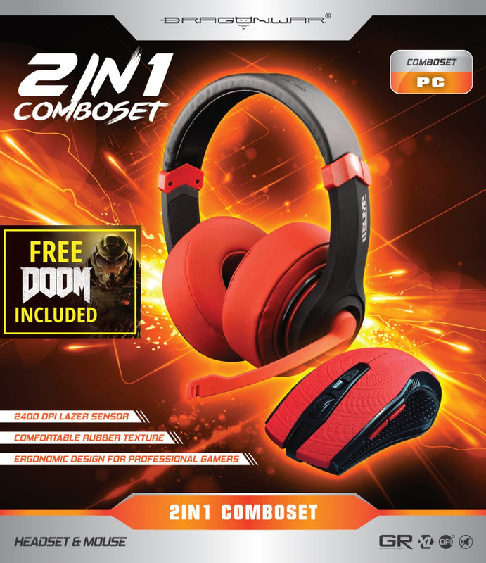 Dragonwar Comboset 2 en 1 Combo Set Edition Rouge + Stereo Gaming Headset + Souris Gaming + Jeux Complet Doom PC