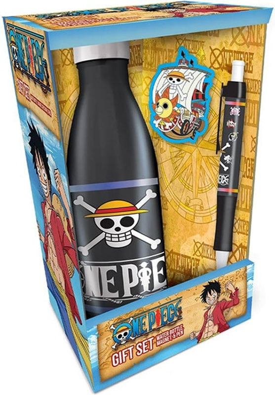 One Piece - Coffret cadeau Bouteille d'eau en métal + Aimant + Stylo "Emblème Drapeau"