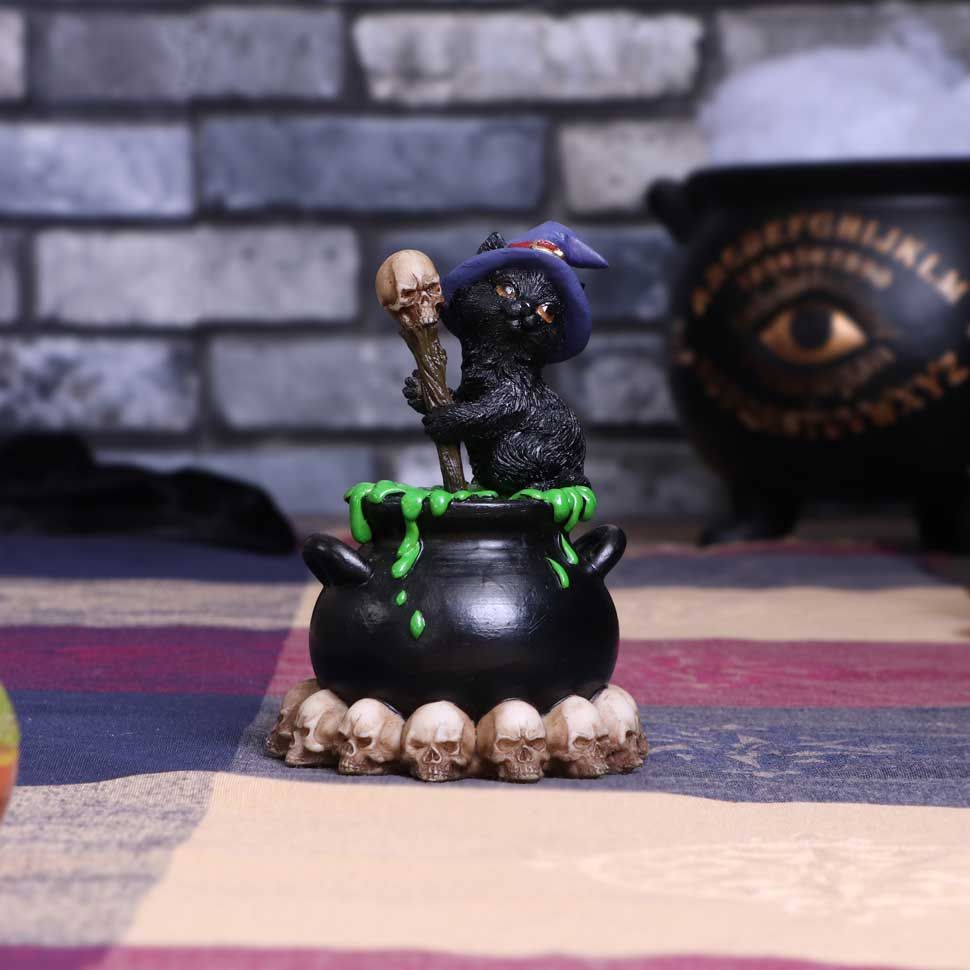 Spook - Figurine de chat noir familier de sorcières et chaudron bouillonnant 12cm
