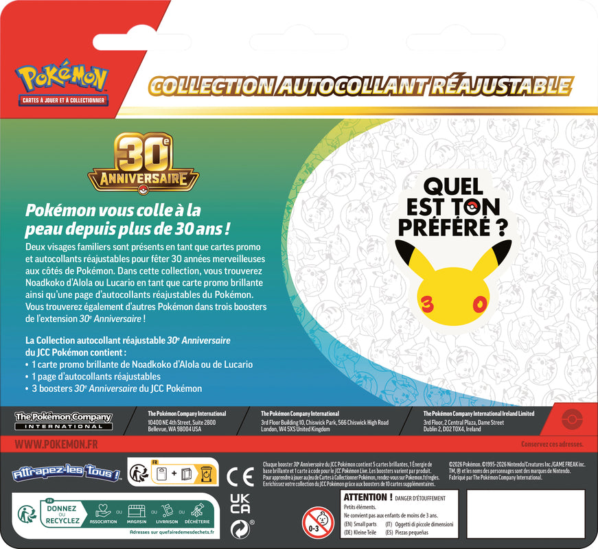 Pokémon JCC : Collection autocollant réajustable 30e Anniversaire Noadkoko d'Alola ou Lucario (1x boîte aléatoire)