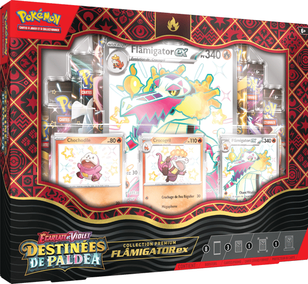 Pokémon JCC - Écarlate et Violet - Collection Premium Destinées de Paldea (Miascarade-ex / Flâmigator-ex / Palmaval-ex - 1x Boite aléatoire) - flash vidéo