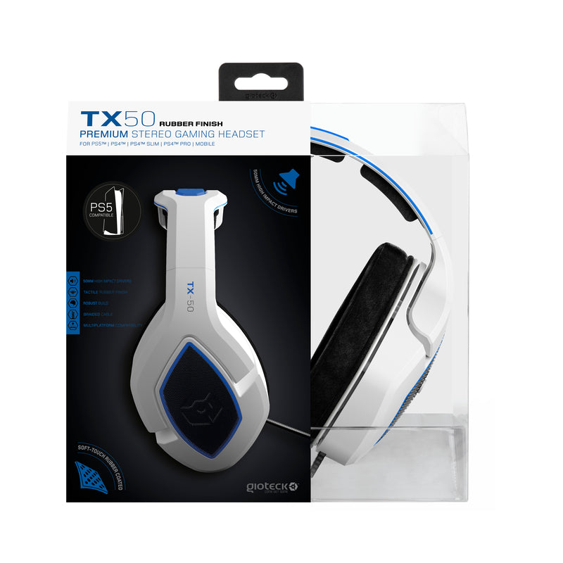 Gioteck - Casque stéréo de jeu premium TX-50 Blanc et Bleu pour PS5, PS4 et Mobile