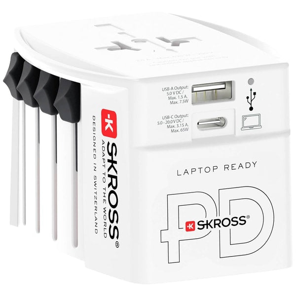 Skross - Adaptateur de voyage MUV PRO 2 pôles + 1 USB charge rapide + 1 Type C 3250 mA Blanc - flash vidéo
