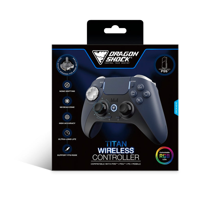 DragonShock - Manette sans fil Bluetooth TITAN Bleu nuit avec prise audio pour PS5, PS4, PC et Mobile