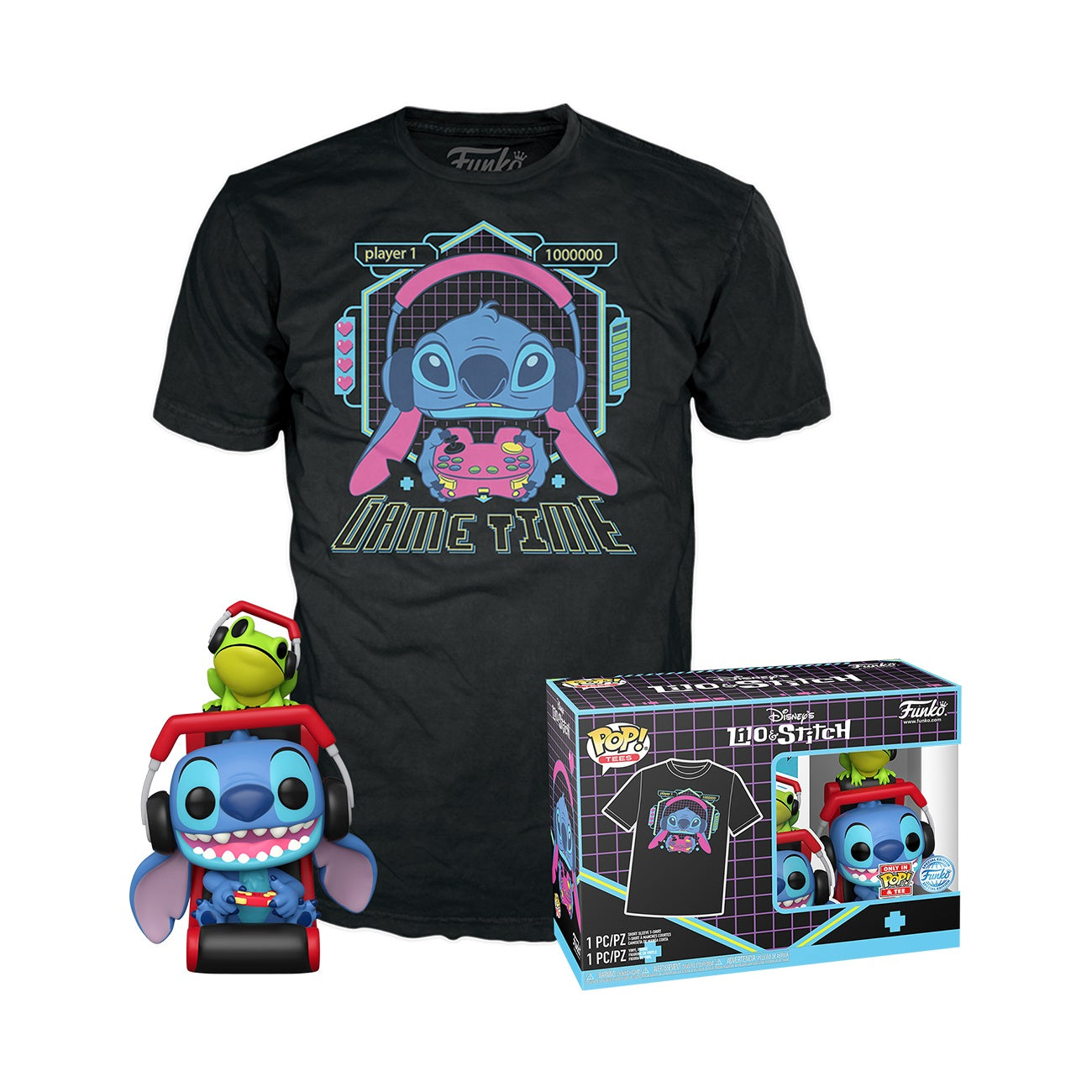 Funko Pop! & Tee: Lilo & Stitch - Gamer Stitch with Frog - M