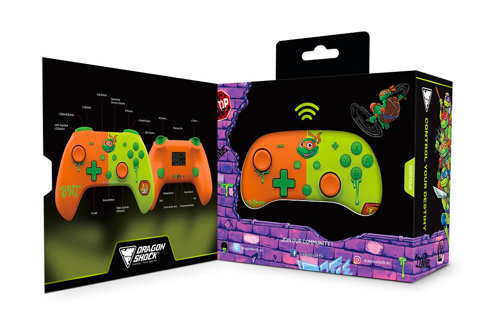 DragonShock - Manette sans fil Bluetooth PopTop+ TMNT Cowabunga Michelangelo pour Switch, Switch 2, PC et Mobile