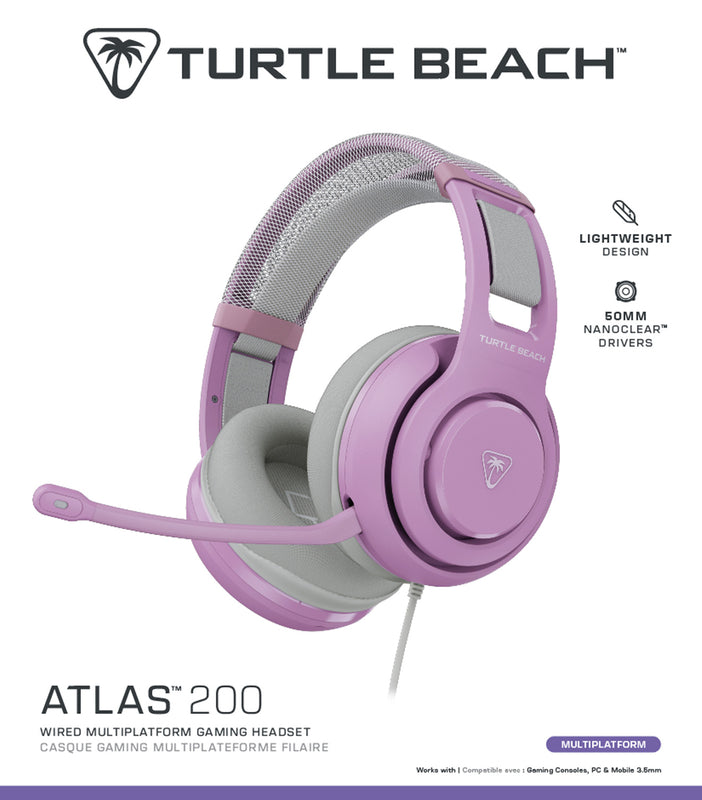 Turtle Beach - Casque Gaming multiplateforme filaire Atlas 200 Brume de lilas pour consoles, PC & mobile 3.5mm