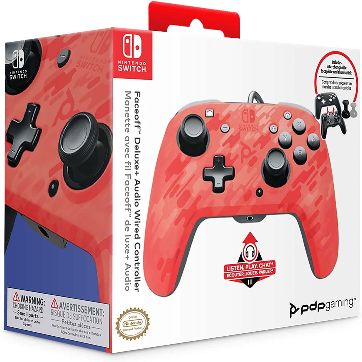 PDP - Manette filaire Faceoff Deluxe+ Audio Rouge camouflage pour Nintendo Switch et Switch OLED