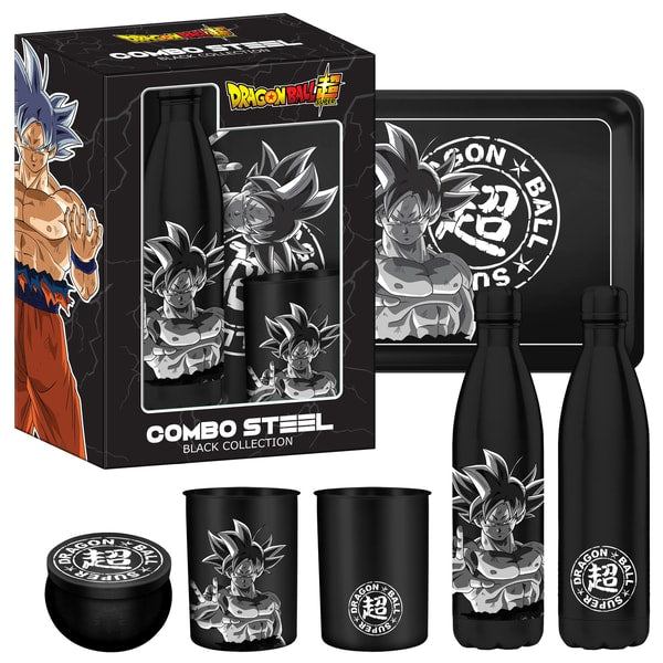 Dragon Ball Super - Coffret cadeau (Goku Ultra Instinct) : bouteille d'eau en métal isotherme 500ml, verre et dessous de verre - flash vidéo