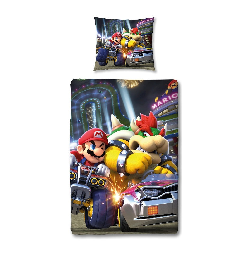 Mario Kart - Parure de lit en microfibre Mario vs Bowser (140x200cm + 63x63cm) - flash vidéo