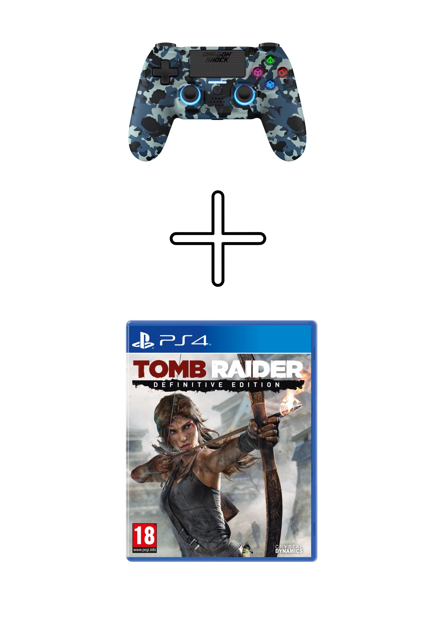 DragonShock - Bundle Manette sans fil Bluetooth MIZAR Bleu Camouflage pour PS4, PC et Mobile + Tomb Raider Definitive Edition