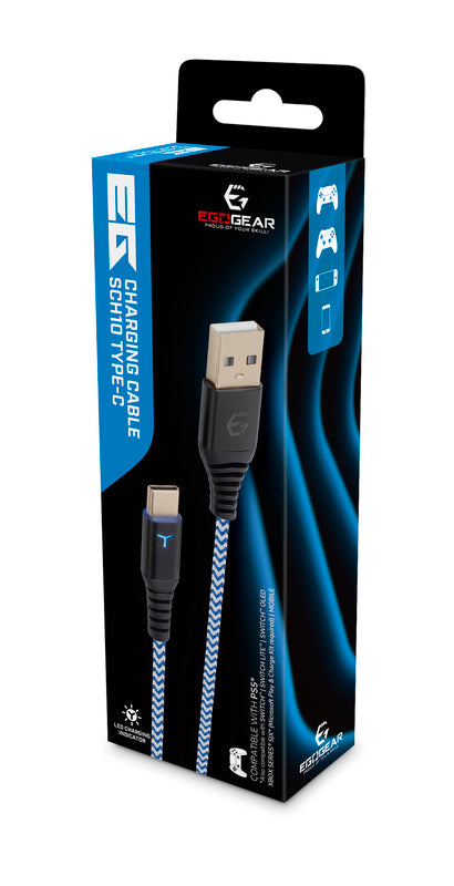 EgoGear - Câble de recharge tressé USB-C de 3m SCH10 Blanc et Bleu pour PS5, Xbox Series X|S, Switch, Switch Lite et Switch OLED