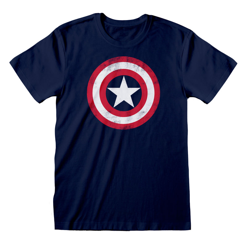 Marvel - T-shirt unisexe Bleu Marine Logo vieilli du bouclier de Captain America - M
