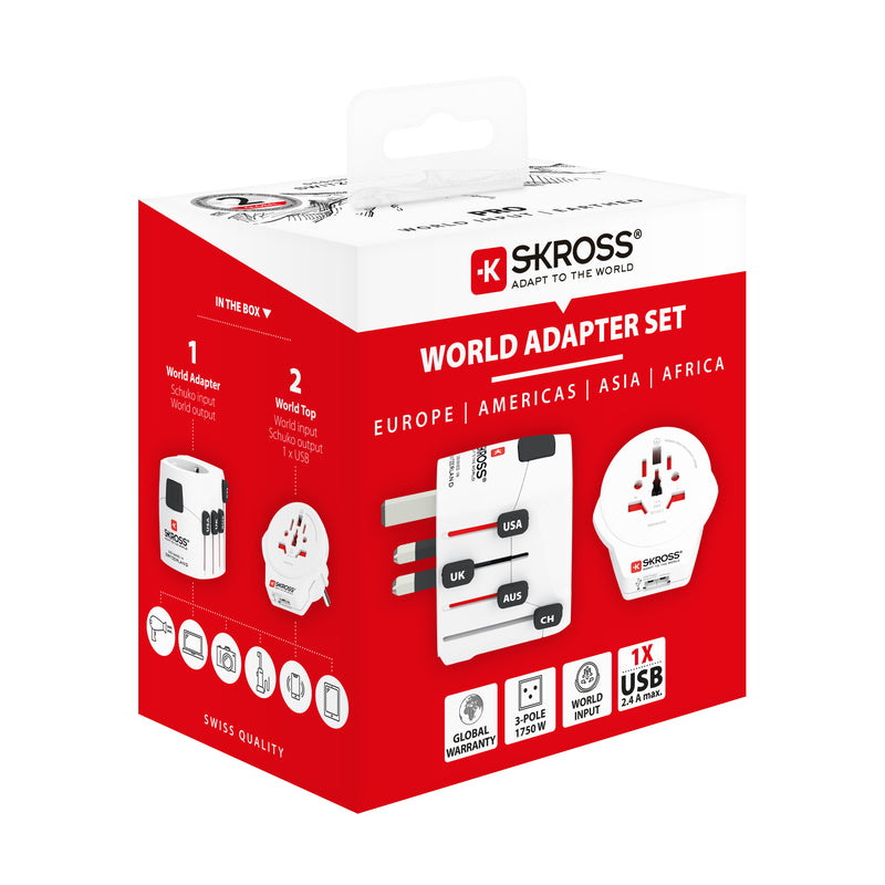 SKROSS - World Travel Adapter with Ground Plugs 6.3A, World to Europe USB 2.4 on top