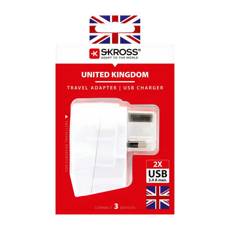 Skross Europe to UK Travel Adapter and USB Charger (x2)