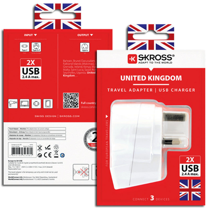 Skross - Adaptateur de voyage Europe vers UK + USB A (x2) (2025)
