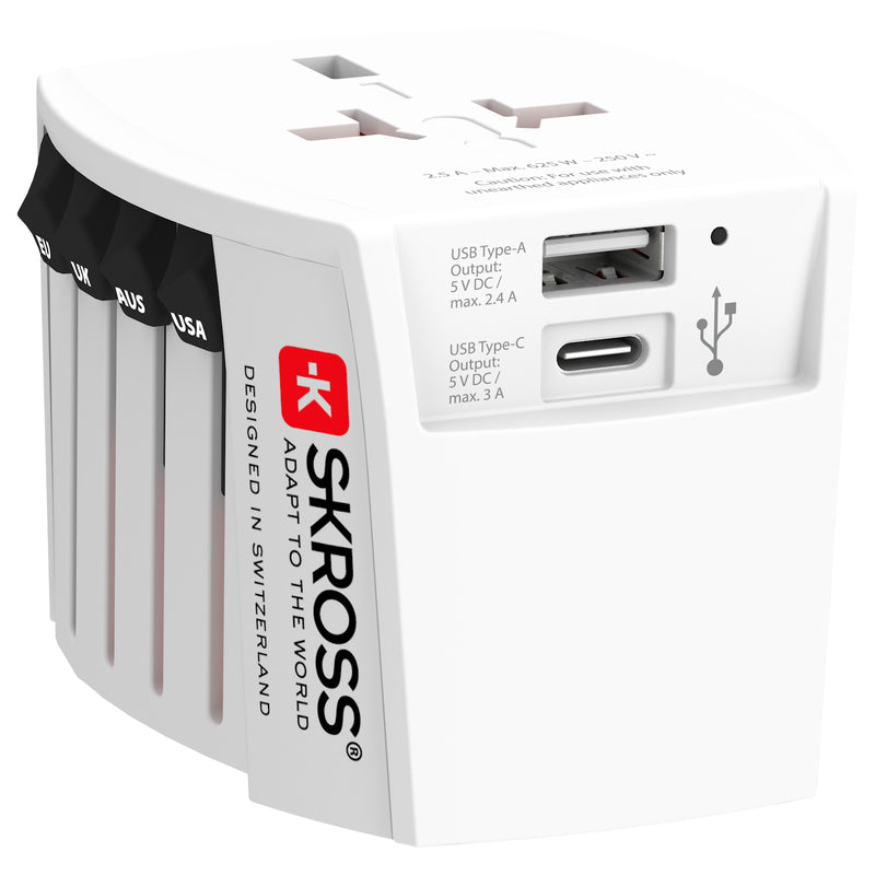 Skross - World Travel Adapter 2-pole + 1 USB Charger + 1 Type C 2400 mA White