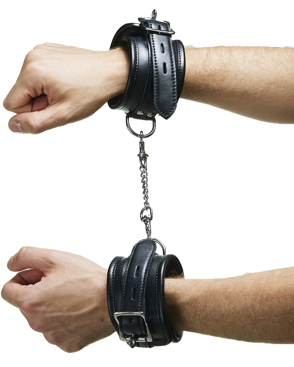 Menottes poignets noires en cuir véritable avec rembourrage - flash vidéo