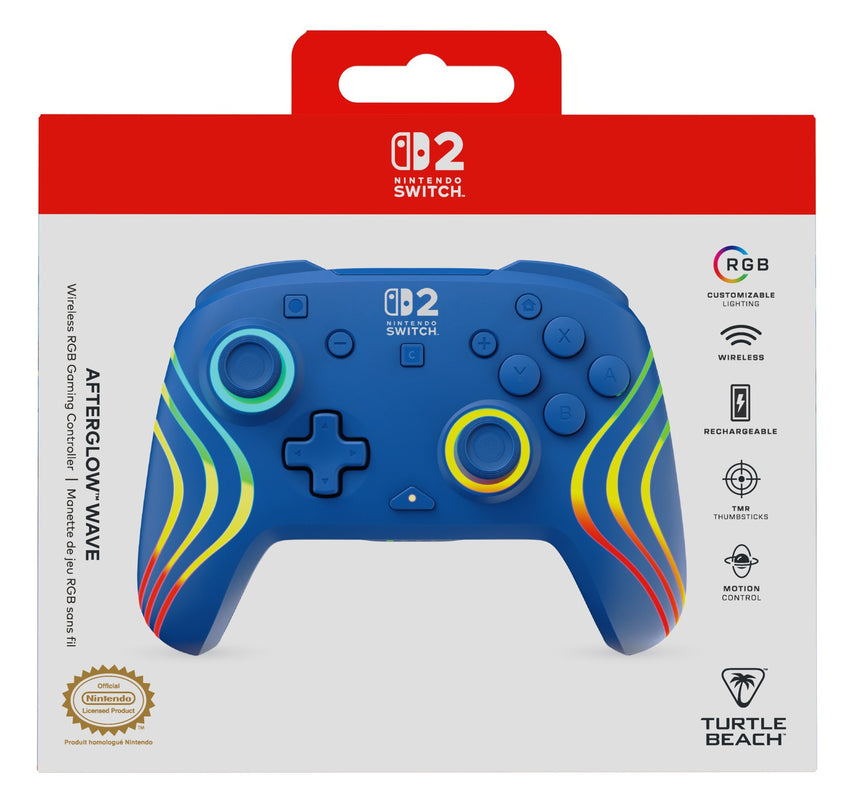 Turtle Beach - Manette de jeu RGB sans fil Afterglow Wave bleue pour Nintendo Switch 2, Switch, Switch Lite et Switch modèle OLED