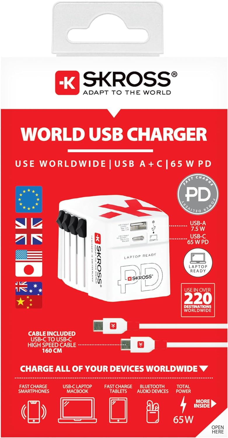 Skross - Adaptateur de voyage MUV PRO 3 pôles + 1 USB charge rapide + 1 Type C 3250 mA Blanc - flash vidéo