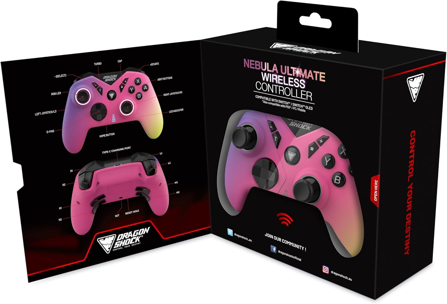 DragonShock - NEBULA PRO - Manette sans fil Pro Rouge Dragon pour Switch, Switch Lite, Switch OLED, PS3, PC et Android