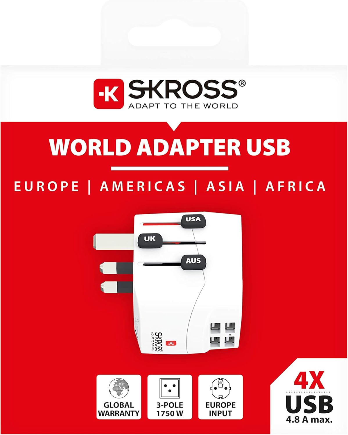 Skross - World Travel Adapter with Ground Plugs (no Swiss & Italy) + 4 USB SLOT 2400 mA White
