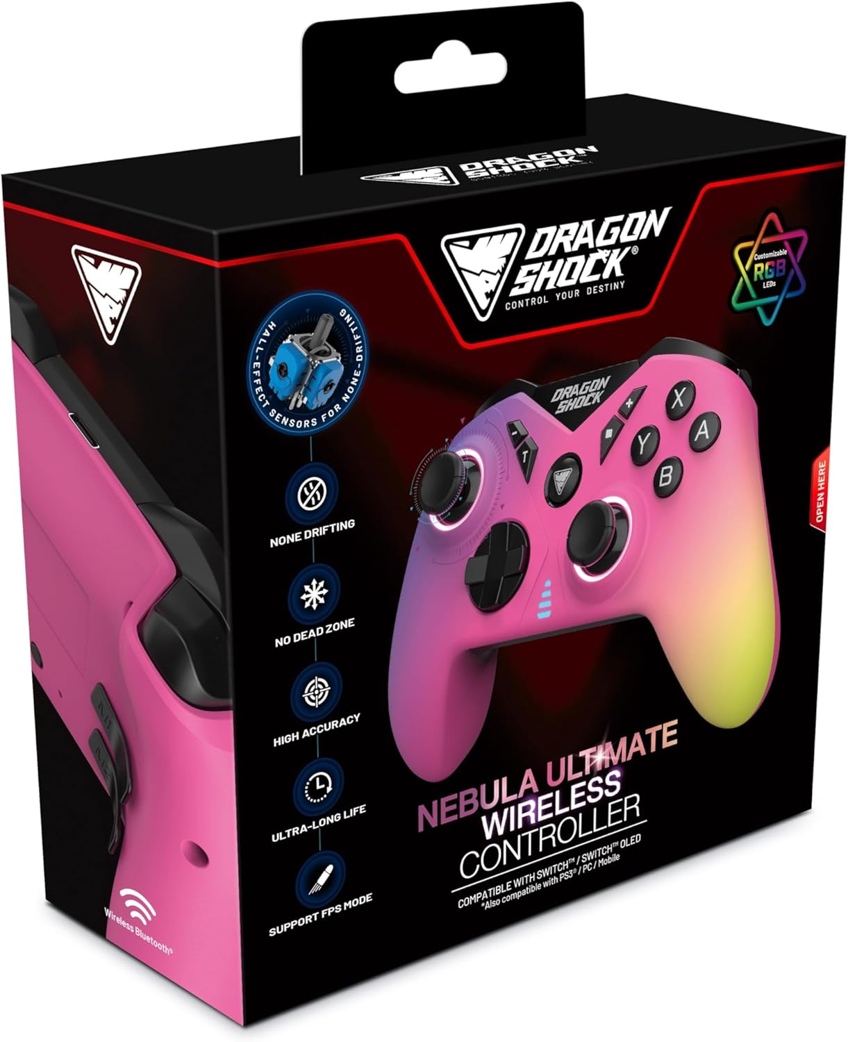 DragonShock - NEBULA PRO - Manette sans fil Pro Rouge Dragon pour Switch, Switch Lite, Switch OLED, PS3, PC et Android