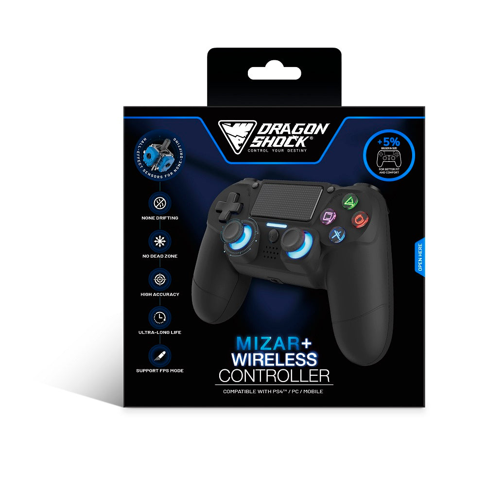 DragonShock - MIZAR+ - Manette sans fil Bluetooth Noir Intégral pour PS4, PC et Mobile