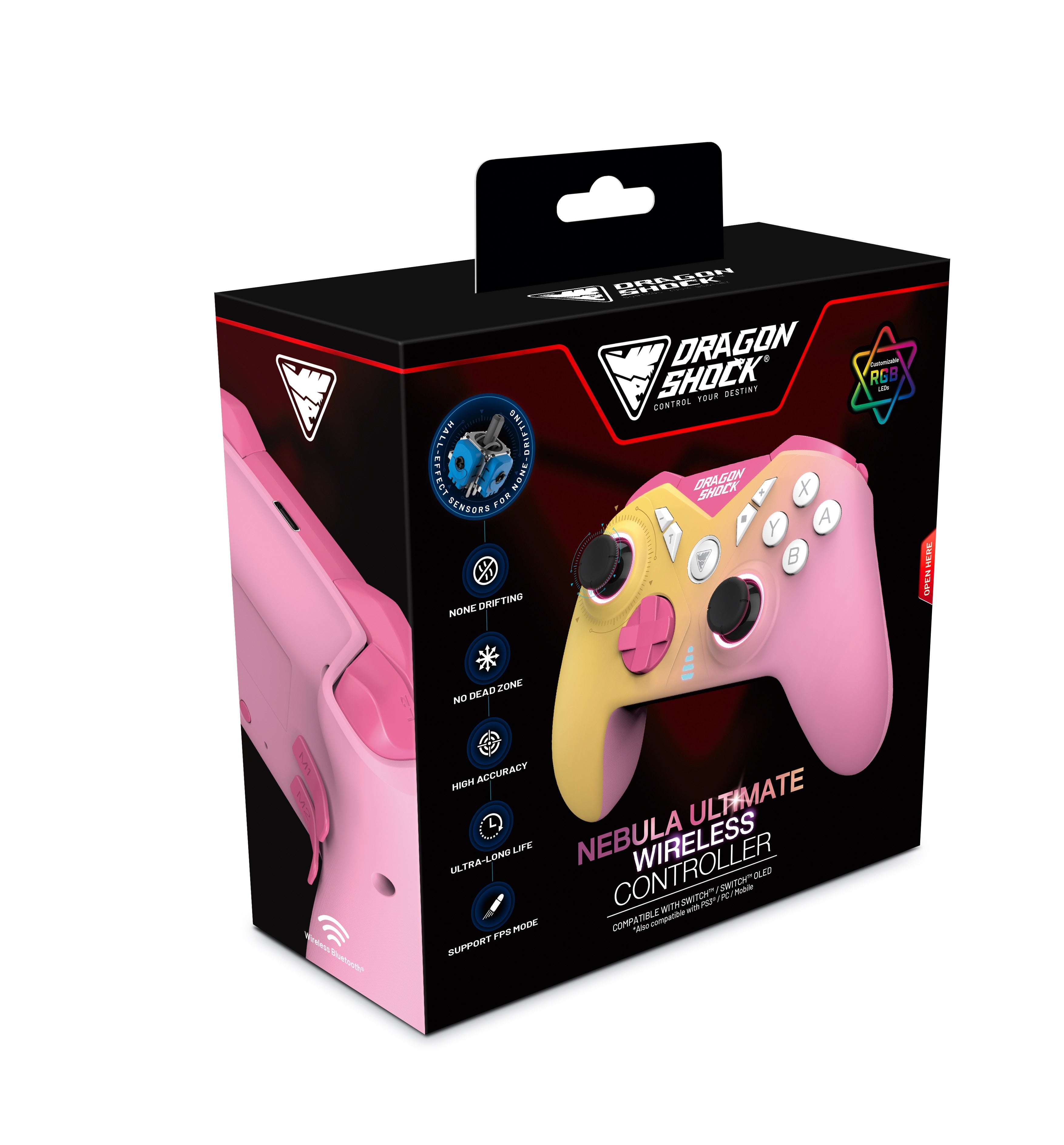 DragonShock - NEBULA ULTIMATE - Manette sans fil Pro Rose pour Nintendo Switch, Switch Lite, Switch OLED, PS3, PC et Android - flash vidéo