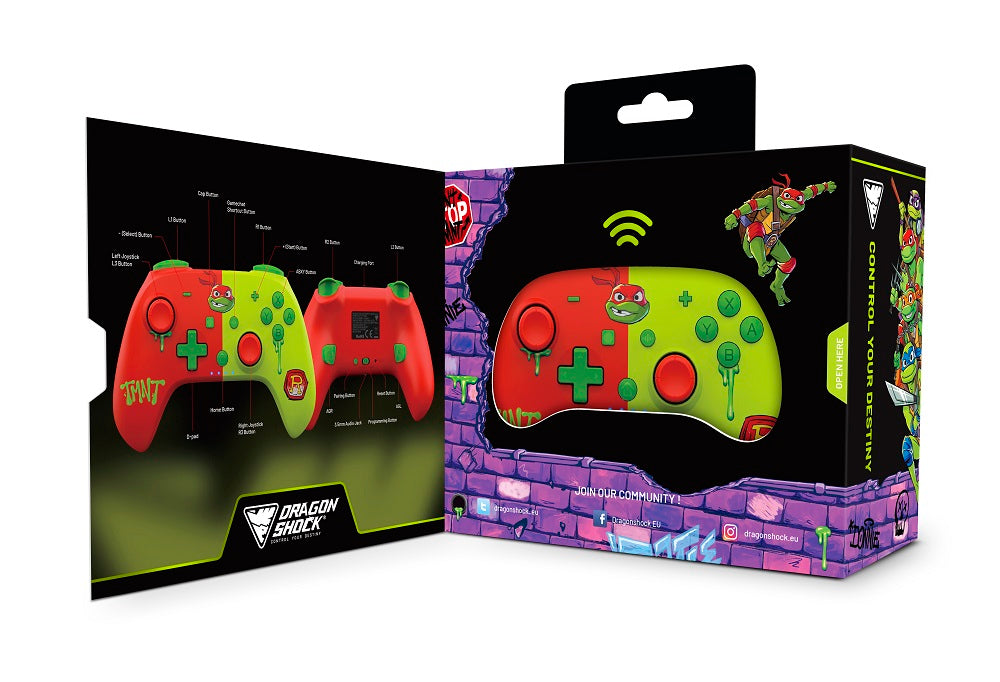 DragonShock - Manette sans fil Bluetooth PopTop+ TMNT Cowabunga Raphael pour Switch, Switch 2, PC et Mobile