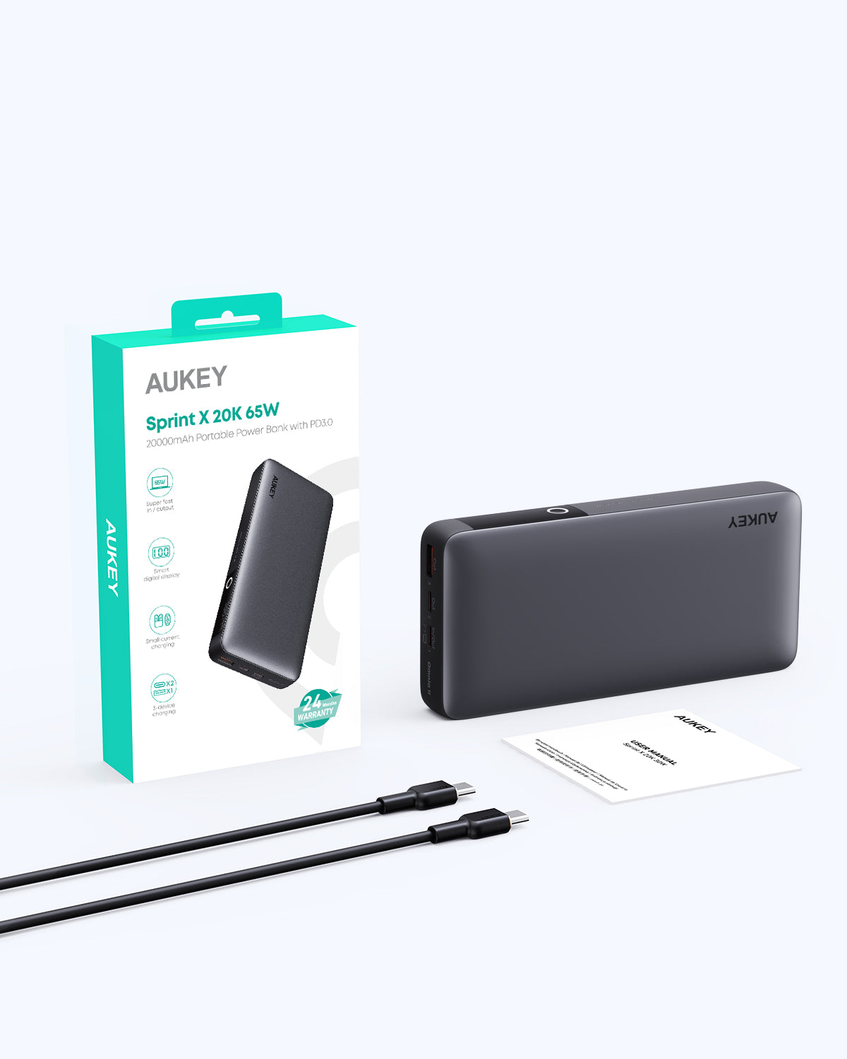 Aukey - Power Bank Noire Sprint X 20000mAh 65W Charge rapide