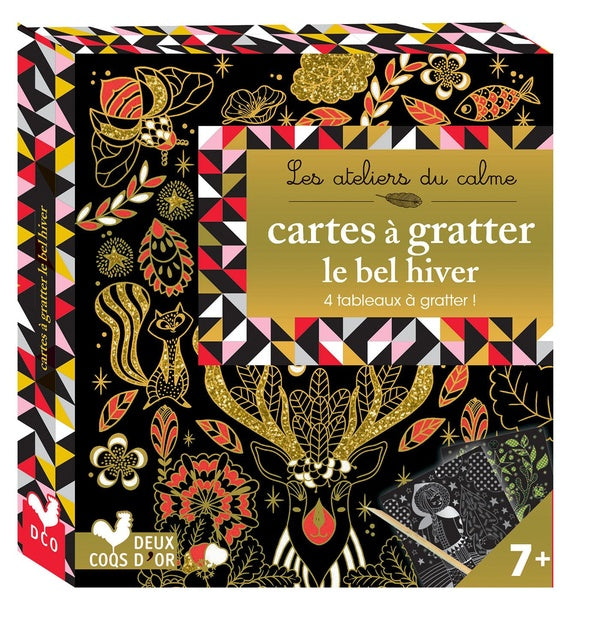 Les ateliers du calme : cartes à gratter le bel hiver ; mini boîte avec accessoires
