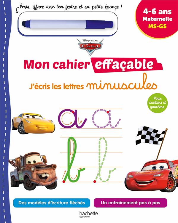 Cars ; mon cahier effaçable ; j'écris les lettres minuscules ; MS-GS