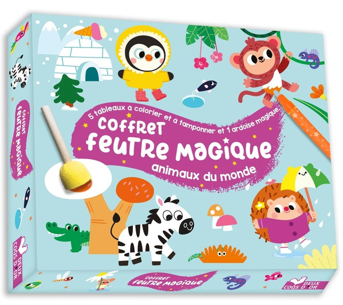 Coffret feutre magique : 5 tableaux à colorier et tamponner et 1 ardoise magique ; animaux du monde