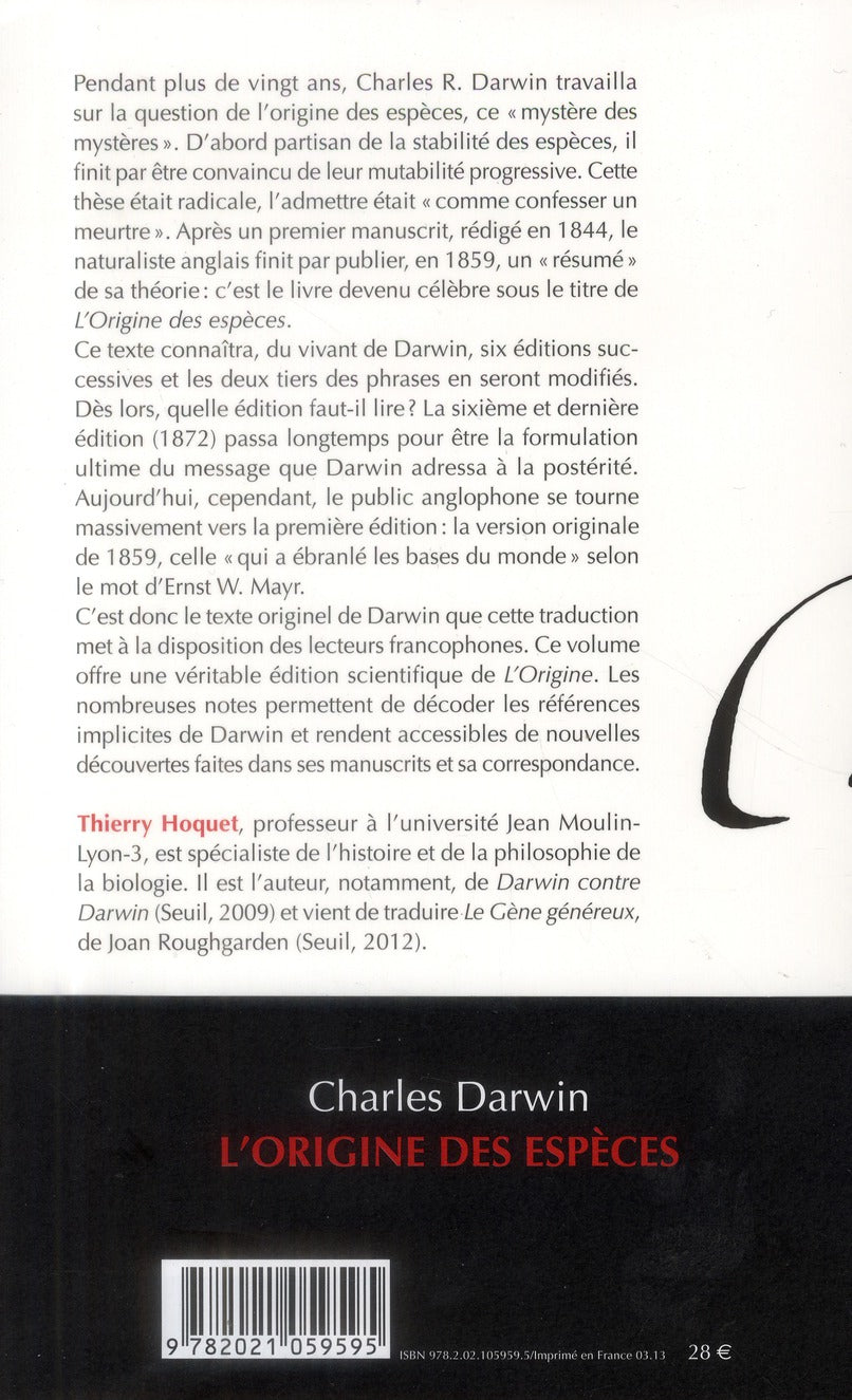 L'origine des espèces ; texte intégral de la première édition de 1859