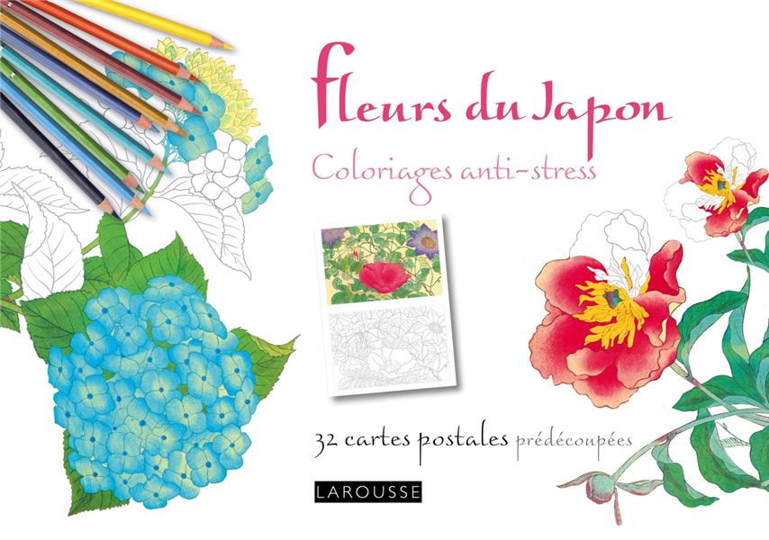 Fleurs du japon ; coloriages anti-stress ; 32 cartes postales