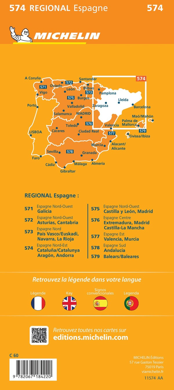 Carte regionale espagne nord-est : cataluna / catalunya, aragon, andorra