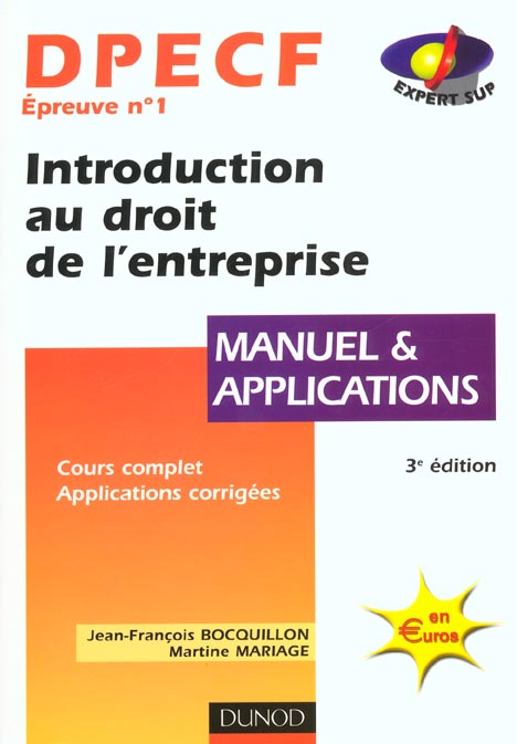 Dpecf 1 ; introduction au droit de l'entreprise ; manuel et applications ; 3e edition