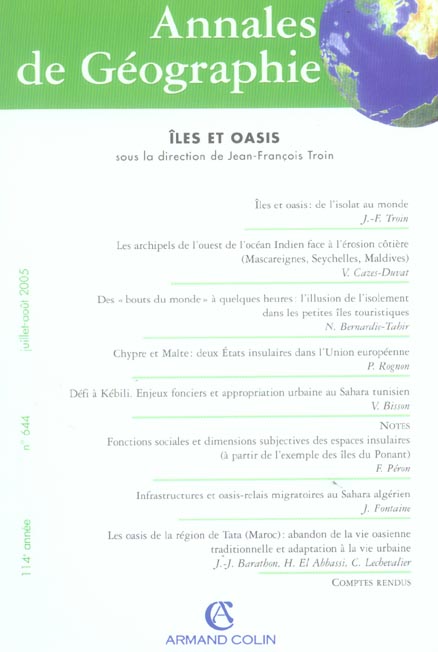 Revue Annales de géographie n.644 : îles et oasis