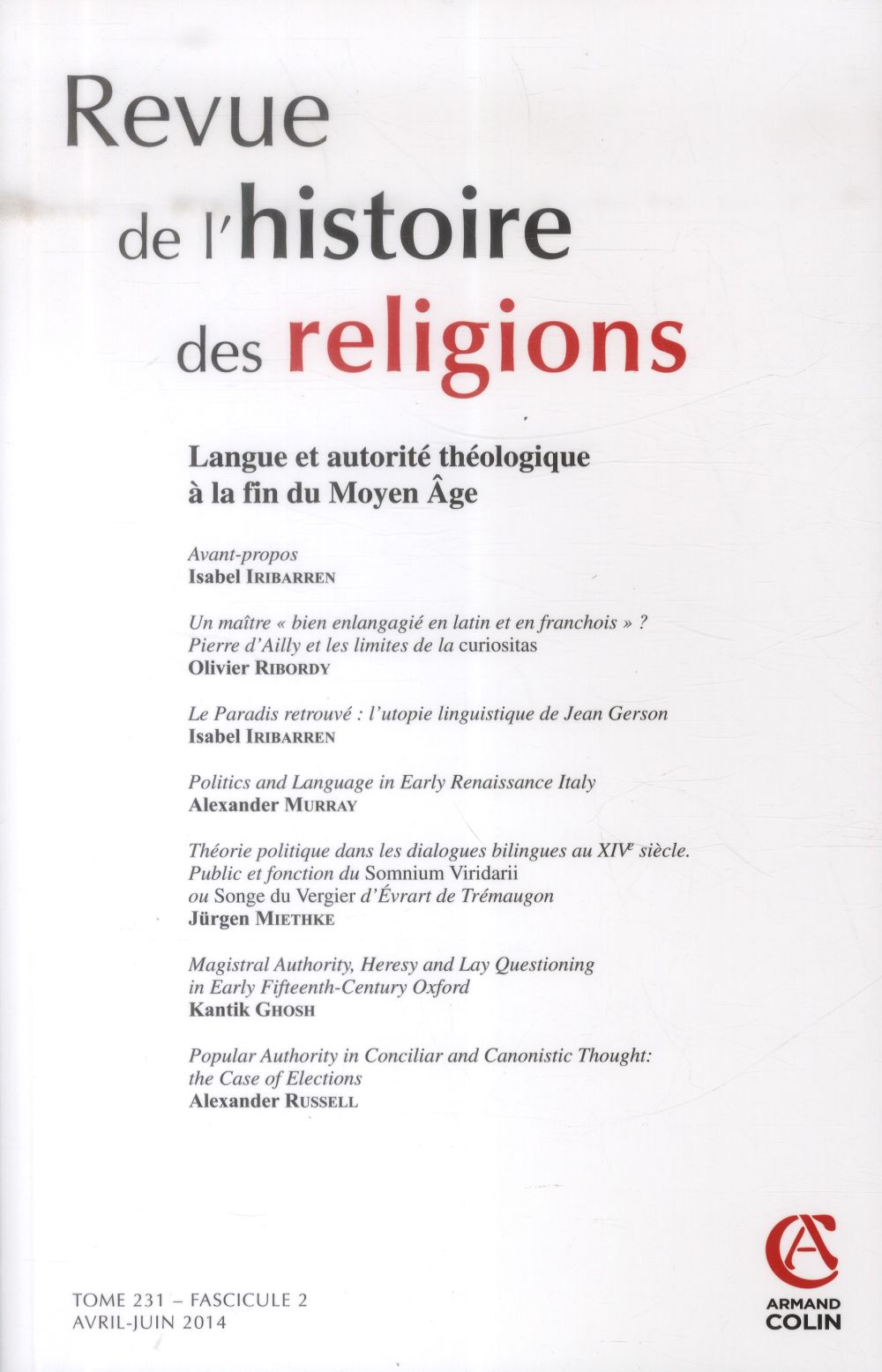 Revue de l'histoire des religions n.231/2 : langue et autorité théologiqur à la fin du Moyen Age