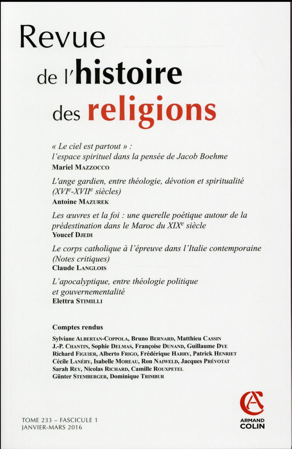 Revue de l'histoire des religions - tome 233 (1/2016) varia